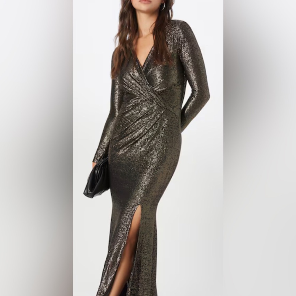 Lipsy London Fitted Lurex Maxi Dress with Front Slit, Black & Gold, sz 4